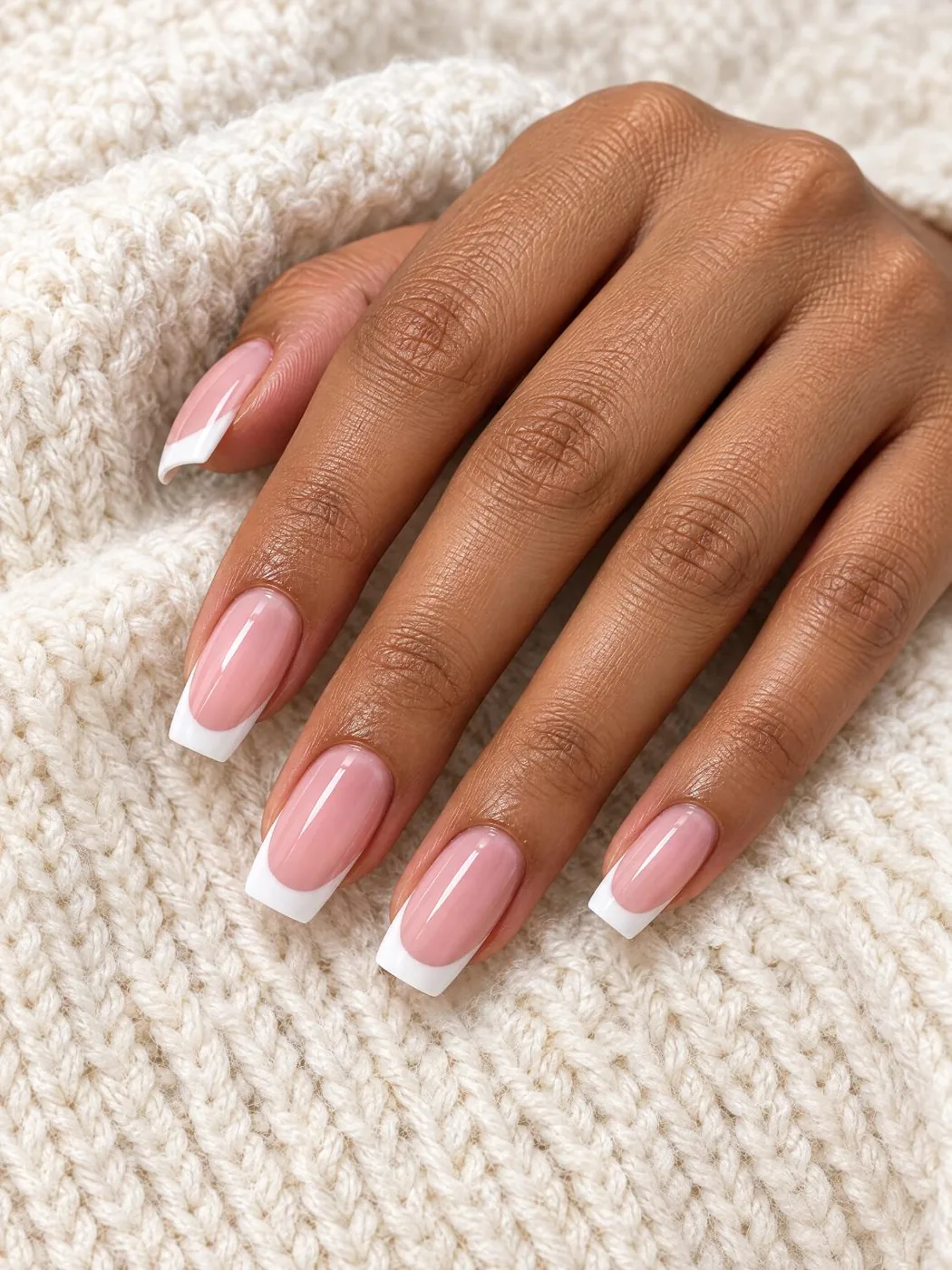 Coffin milky pink nails with classic white French tips