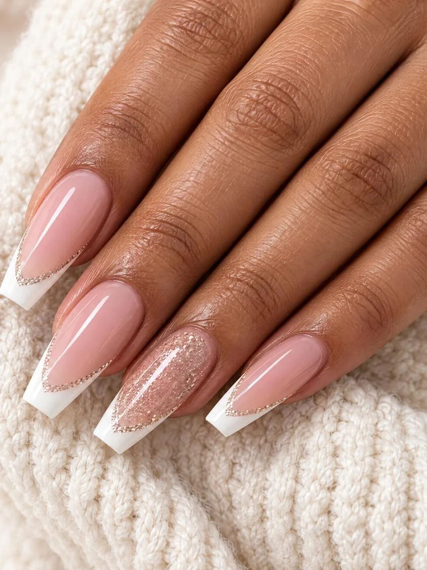 French tips with a gold glitter line and glitter accent