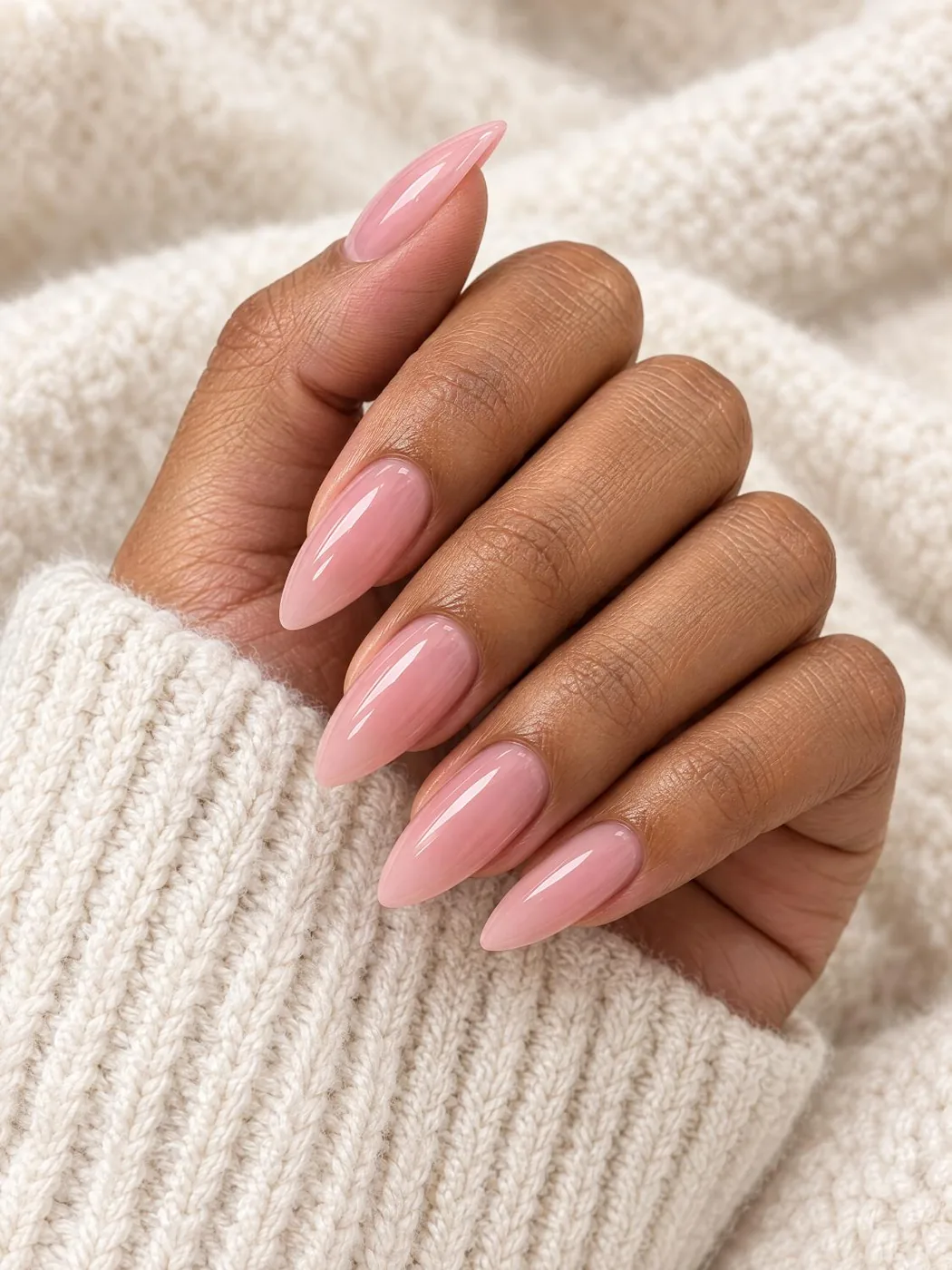 Long almond milky pink gel extensions on cream knit