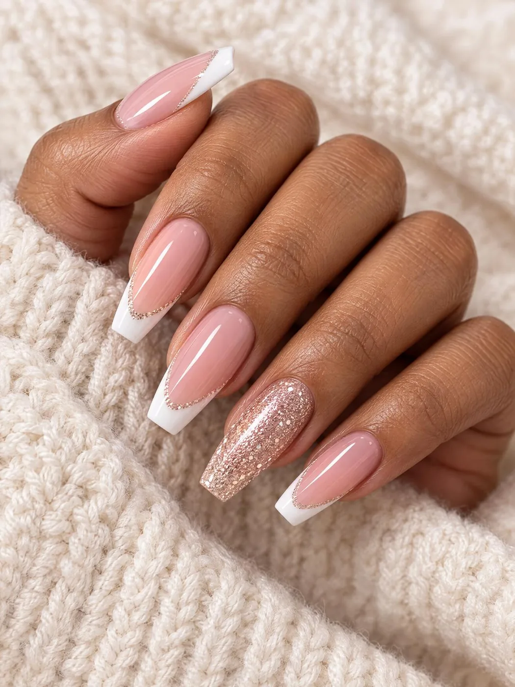 Coffin French tips with a champagne glitter accent nail