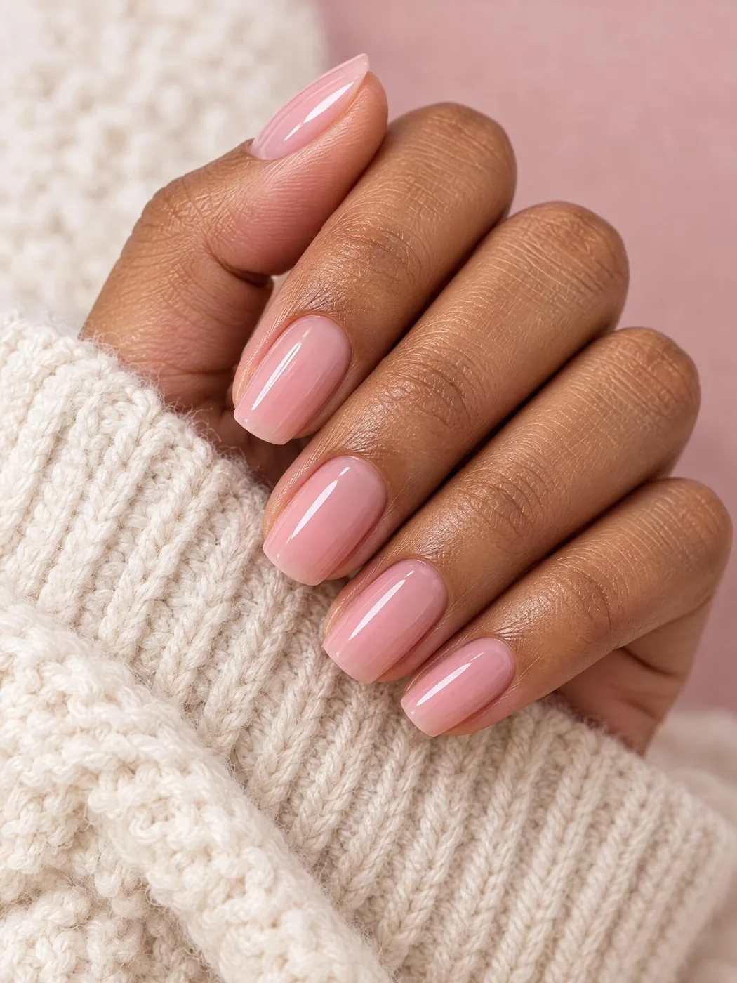 Short round milky pink gel nails on cream knit